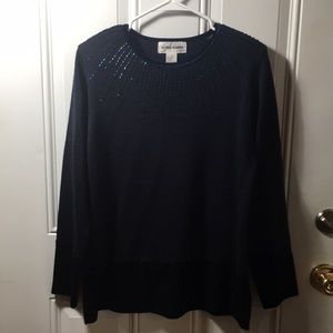 Alfred Dunner navy blue sweater w/barrel sequins and velvet around collar size S
